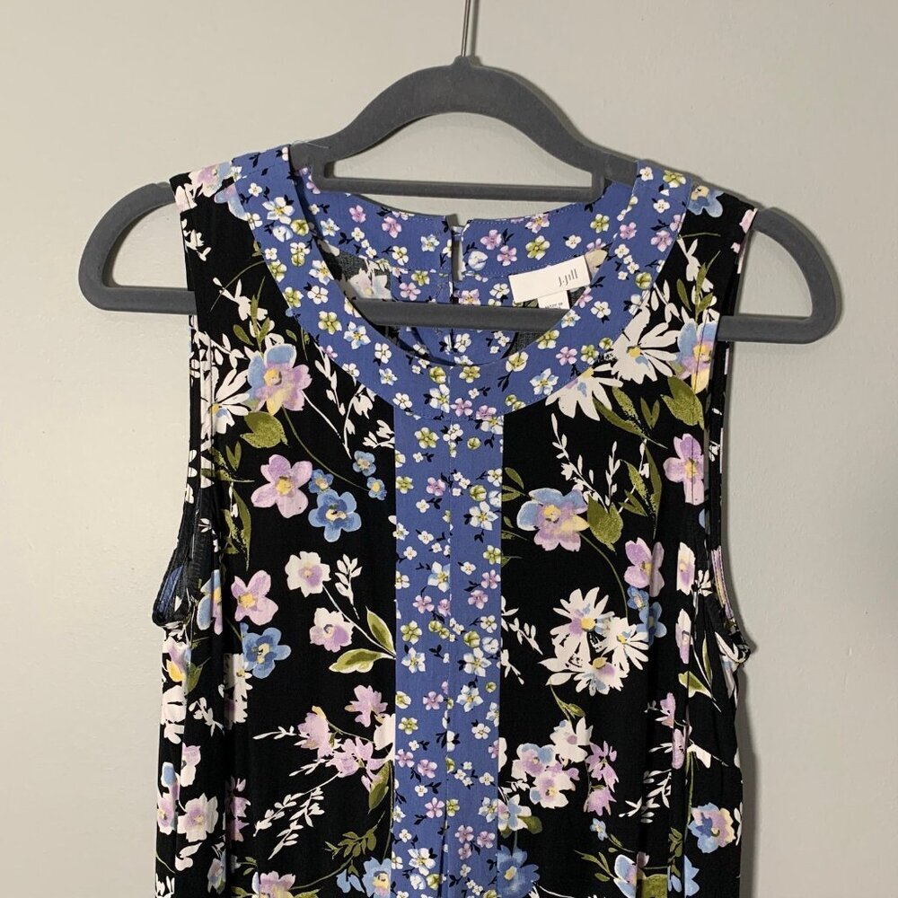 J. Jill Women Mixed Floral Print Sleeveless Shift Dress Black Blue Pom Pom Hem‎ - Picture 2 of 11